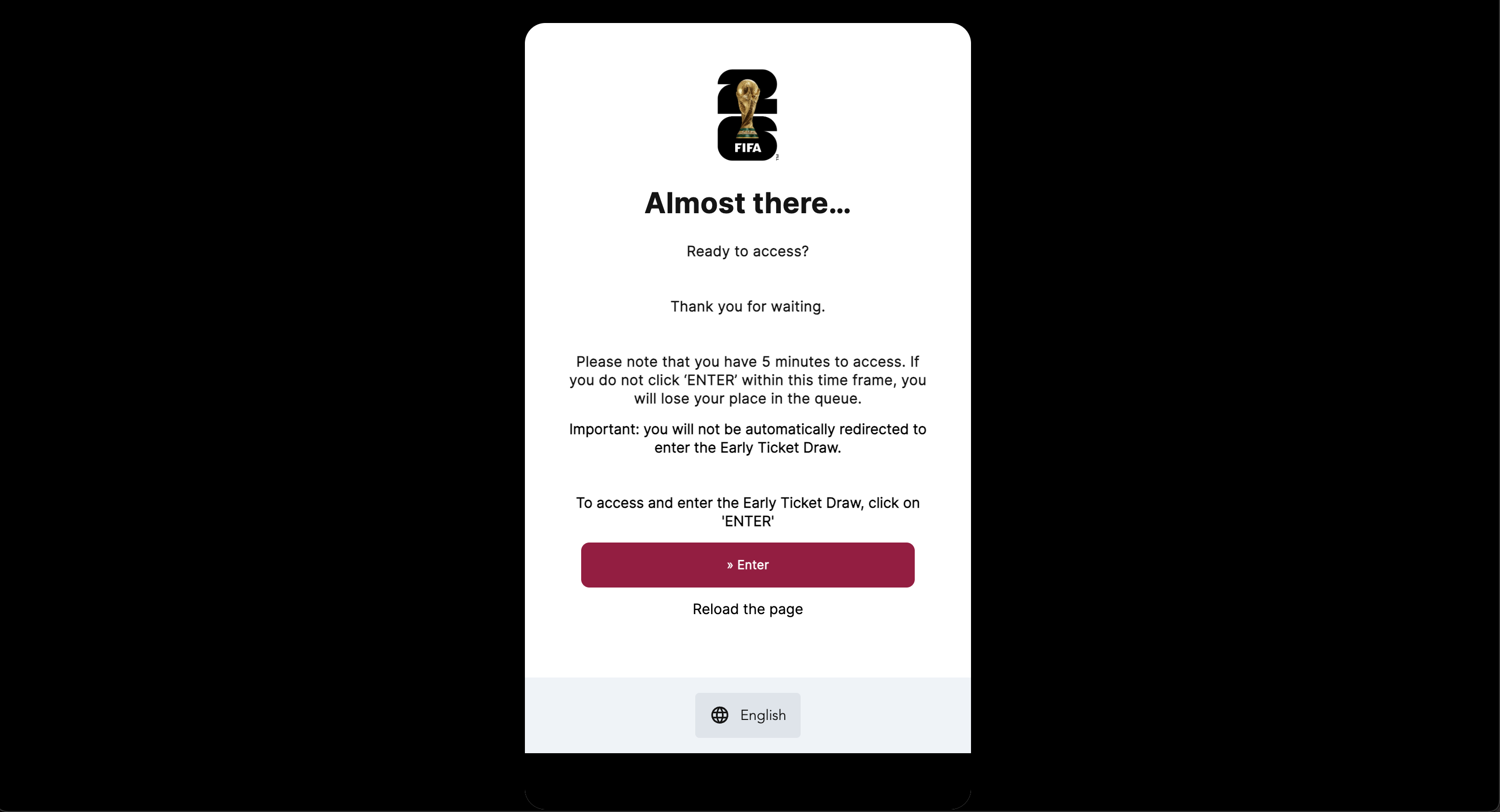 A screenshot of the page after the queue, with a prominent "Enter" button