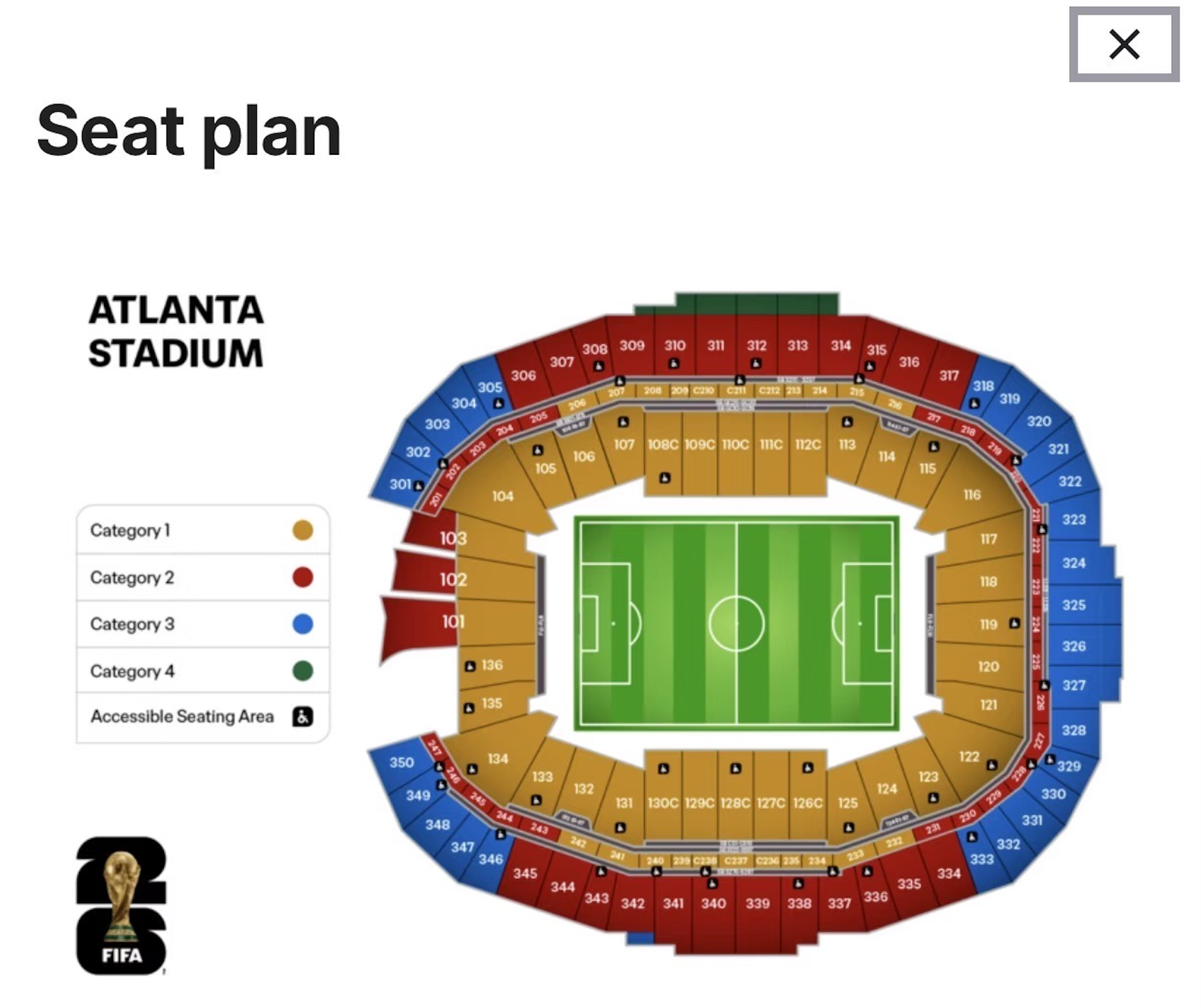 World Cup 2026 seat map for Mercedes-Benz Stadium in Atlanta, showing ticket categories 1-4.