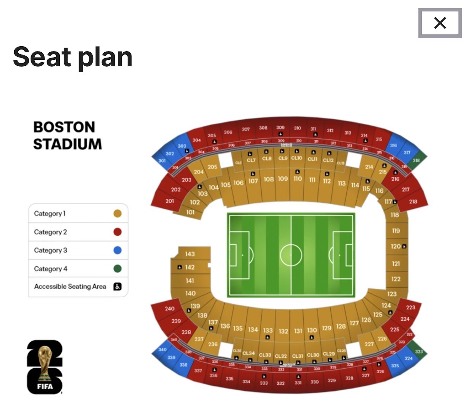 World Cup 2026 seat map for Gillette Stadium in Boston, showing ticket categories 1-4.