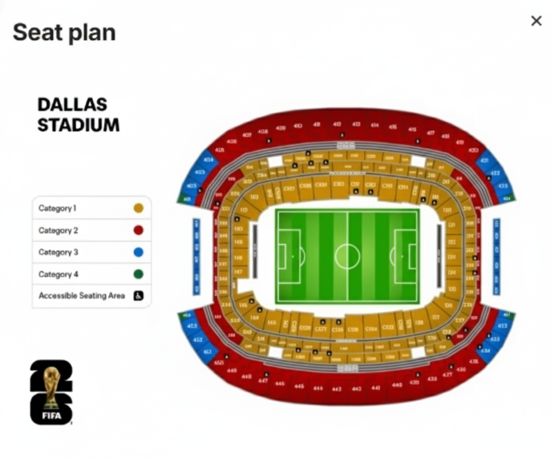 World Cup 2026 seat map for AT&T Stadium in Dallas, showing ticket categories 1-4.