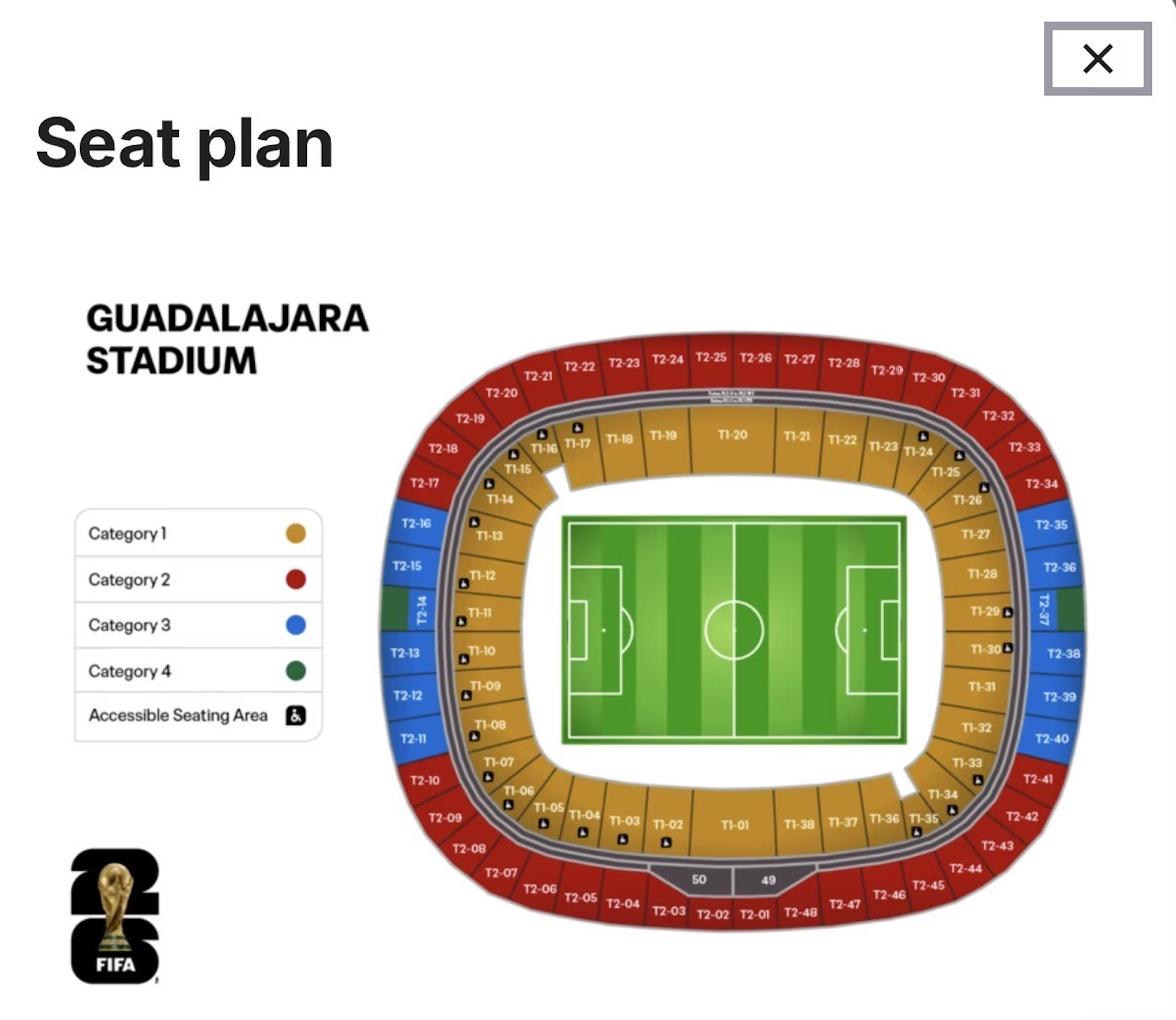 World Cup 2026 seat map for Estadio Akron in Guadalajara, showing ticket categories 1-4.