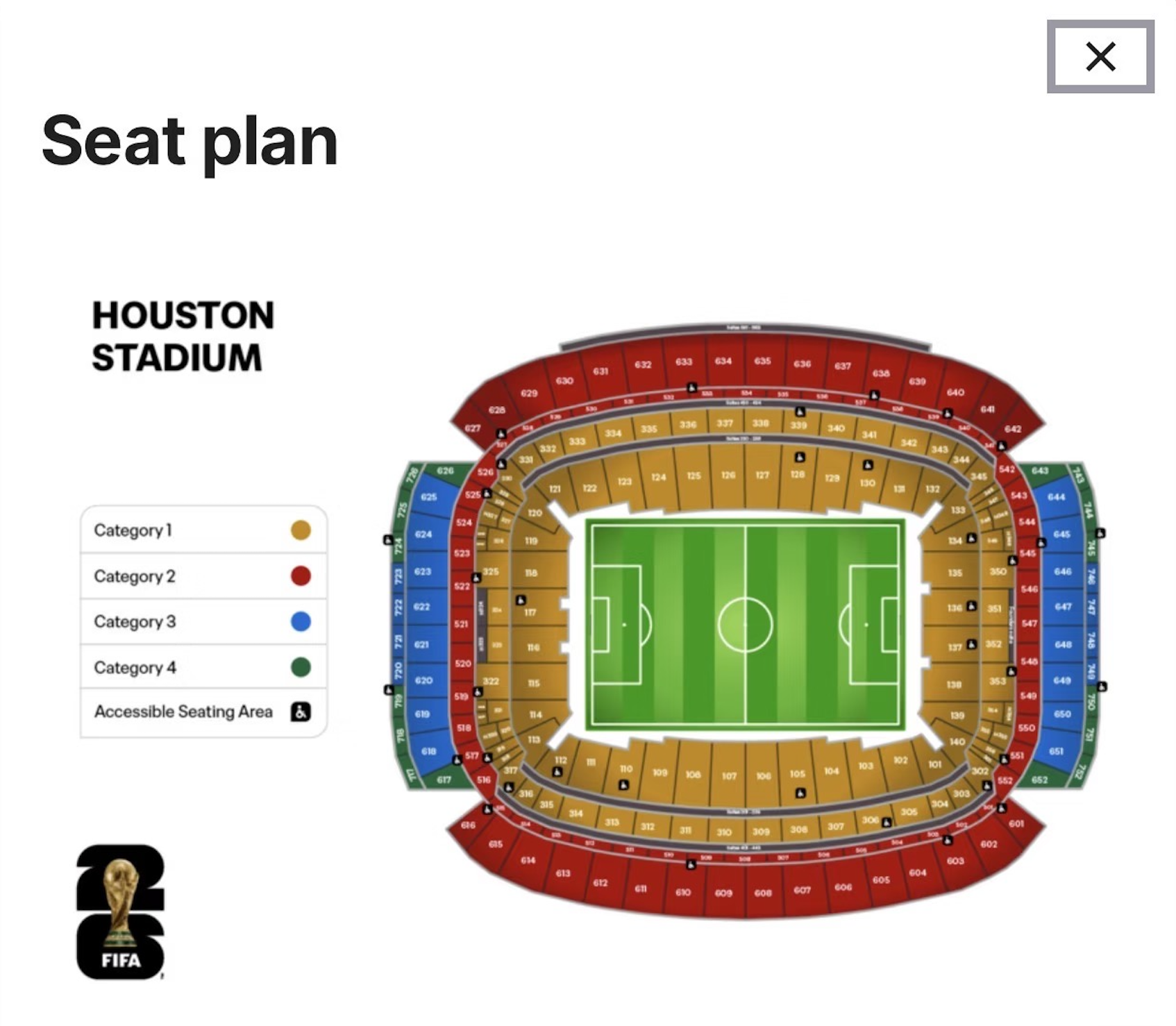 World Cup 2026 seat map for NRG Stadium in Houston, showing ticket categories 1-4.