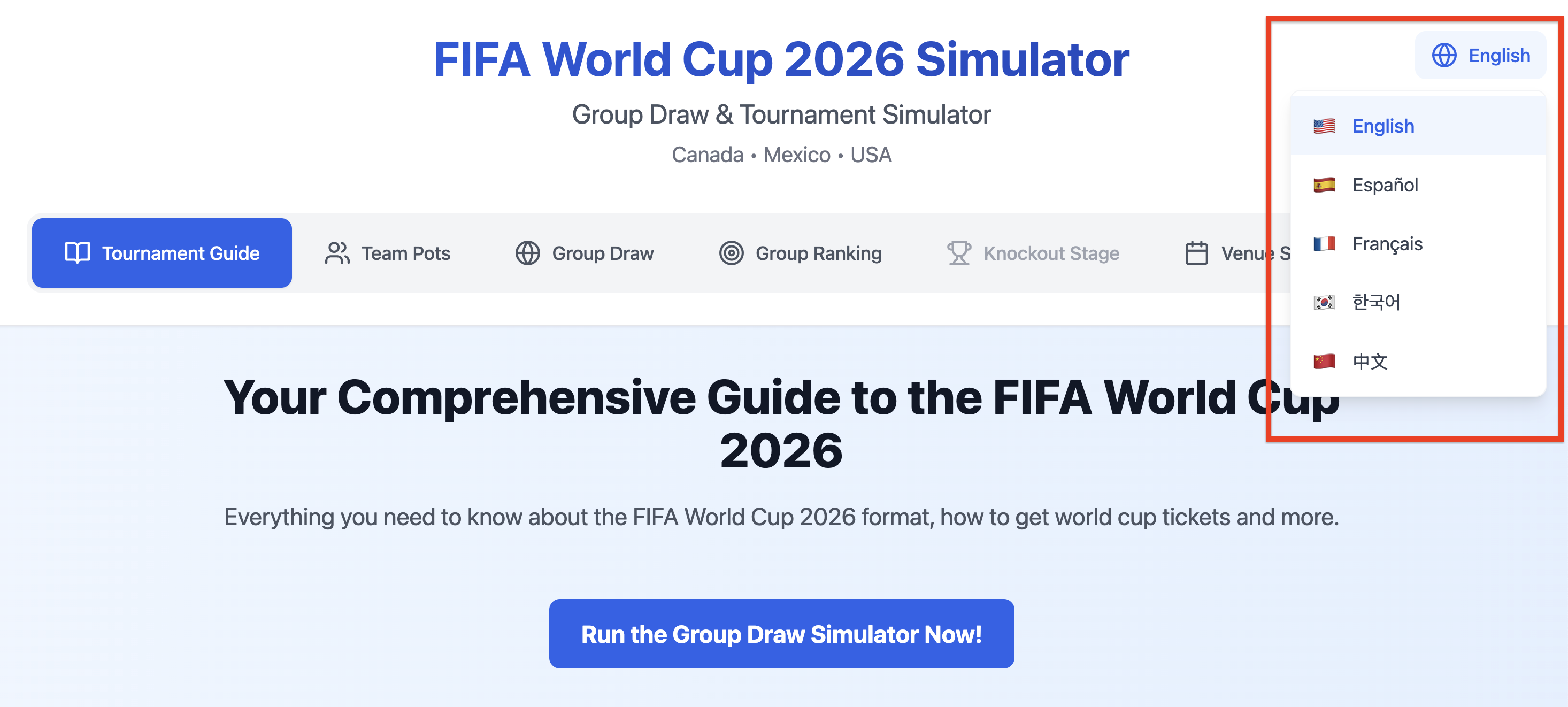 A screenshot of the World Cup Simulator with the language switcher dropdown open, showing English, Spanish, French, Korean, and Chinese options.