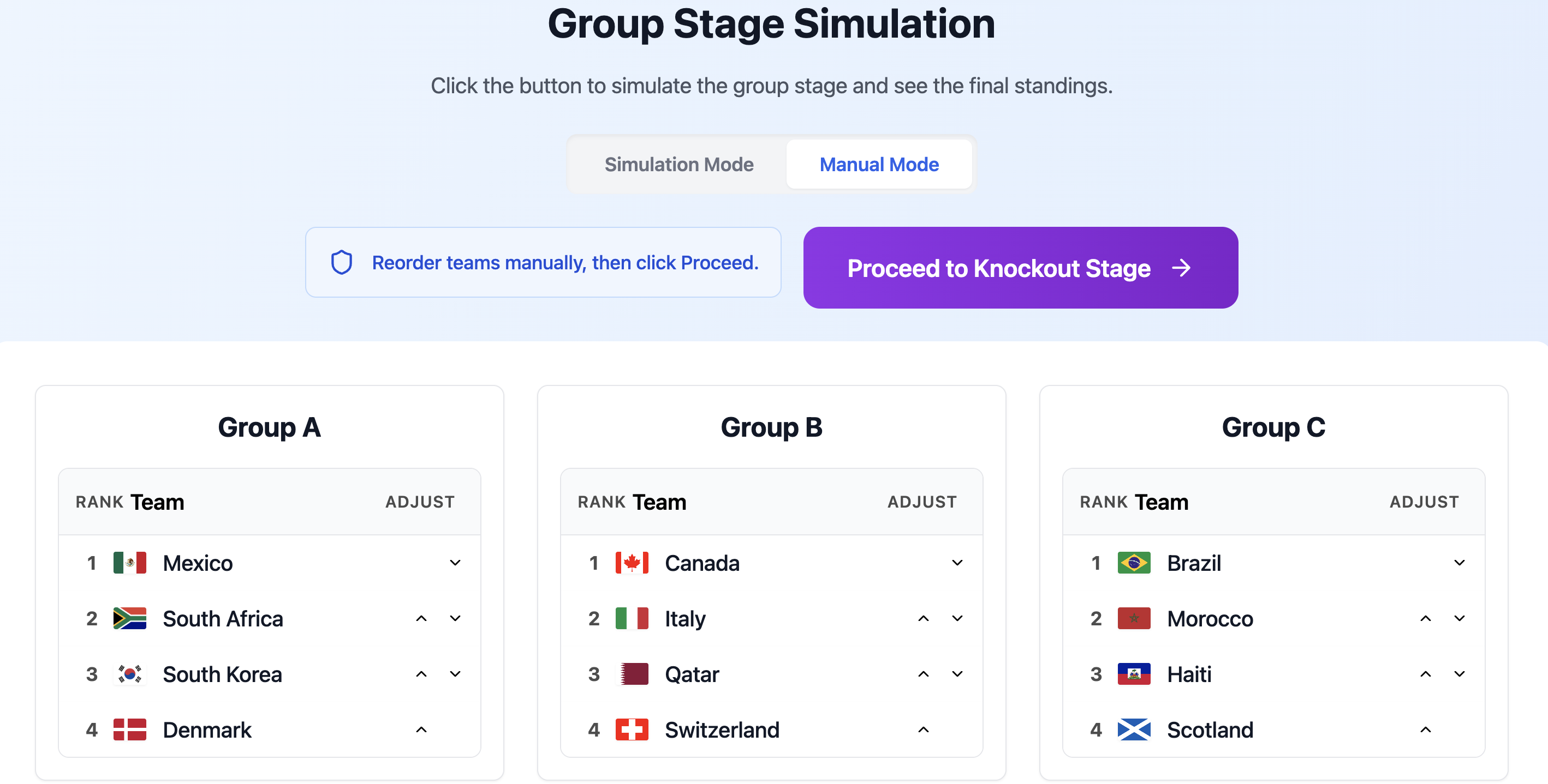 A screenshot of the new Manual Mode interface, showing a group with dropdown menus next to each team to select their finishing position (1st, 2nd, 3rd, 4th).