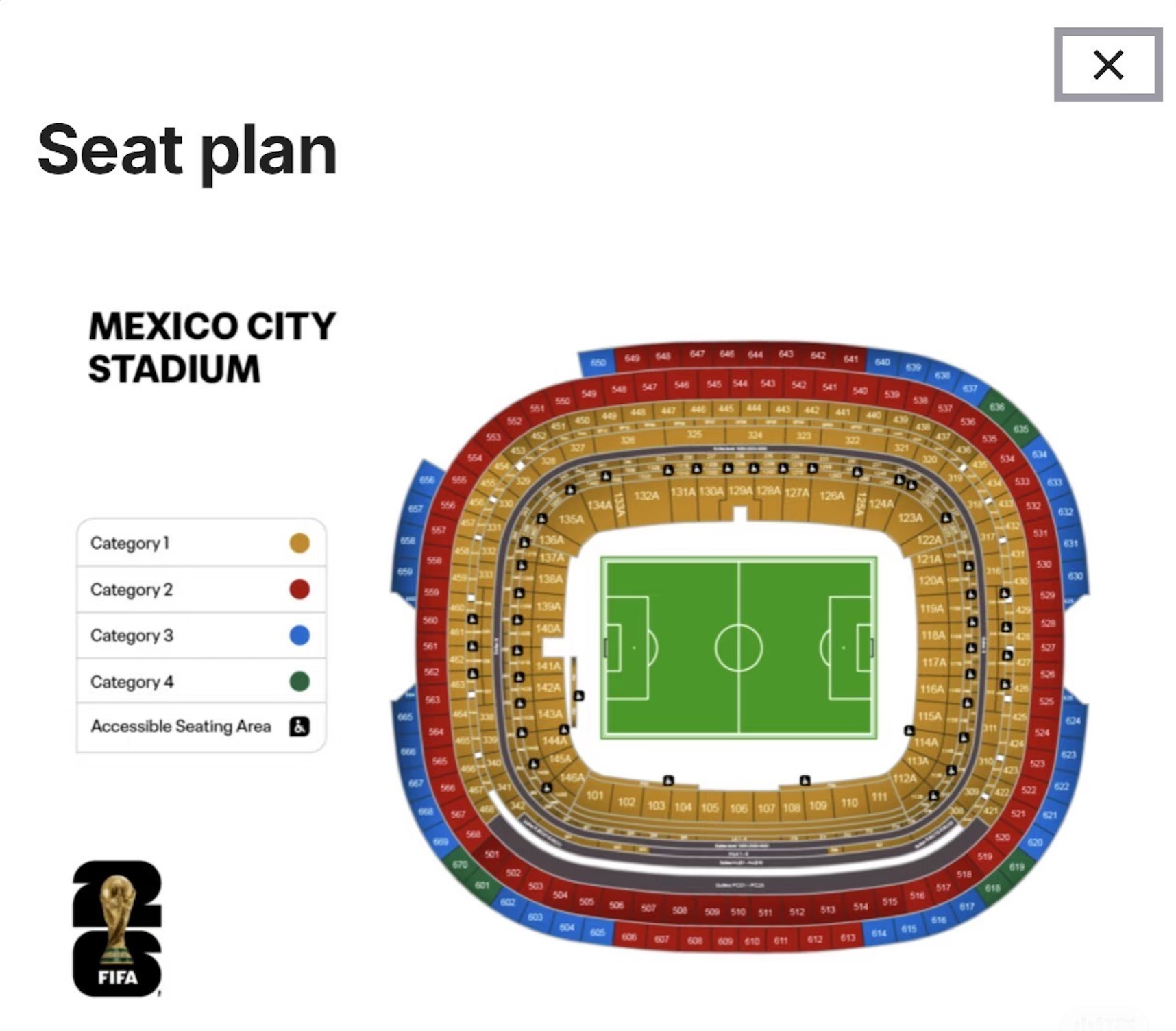 World Cup 2026 seat map for Estadio Azteca in Mexico City, showing ticket categories 1-4.