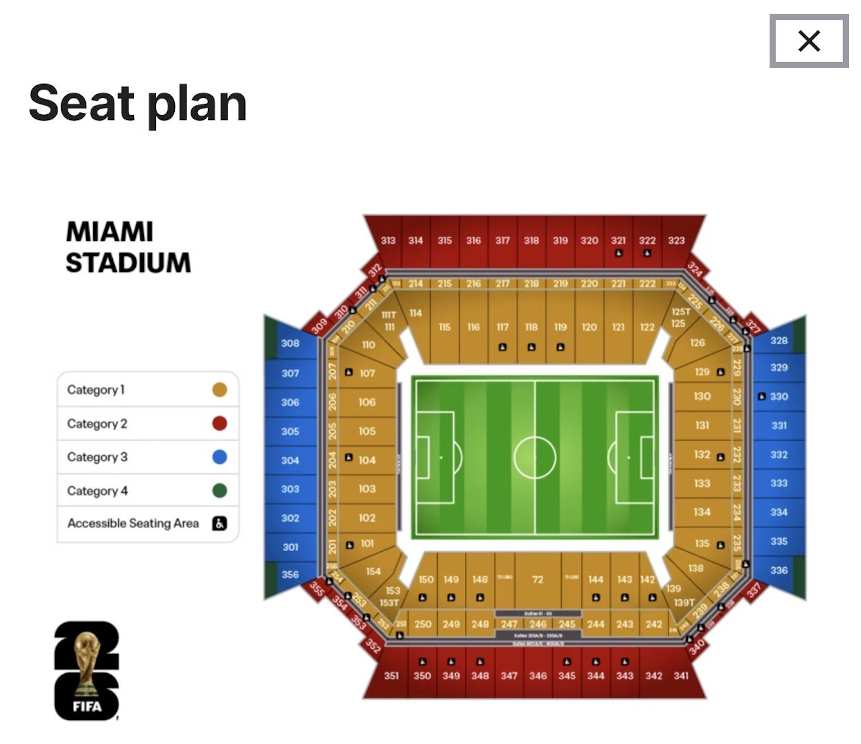 World Cup 2026 seat map for Hard Rock Stadium in Miami, showing ticket categories 1-4.
