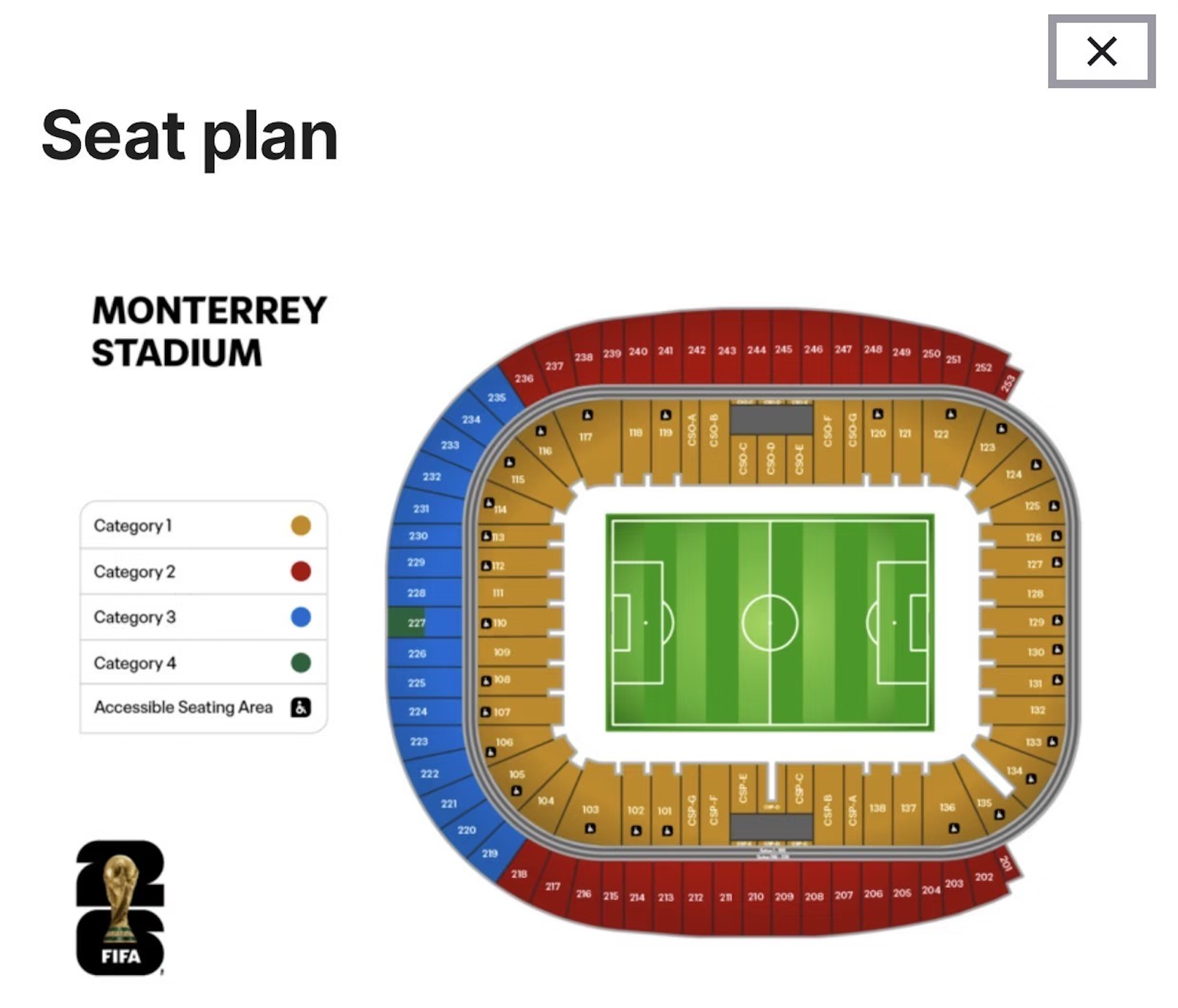 World Cup 2026 seat map for Estadio BBVA in Monterrey, showing ticket categories 1-4.