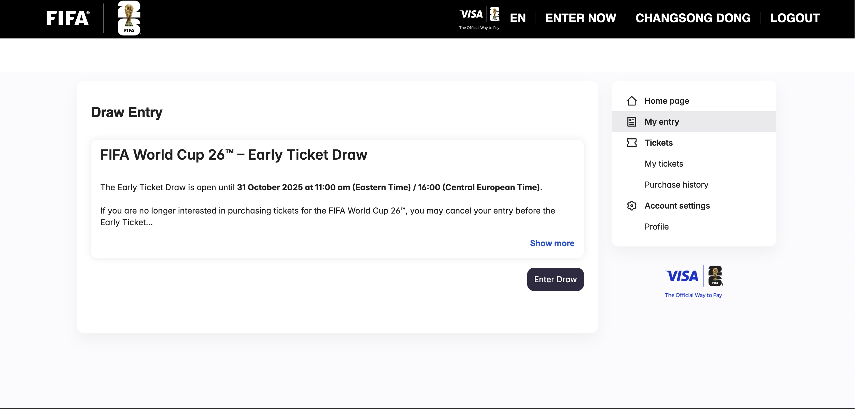 A screenshot of the "My Entry" page within a user's FIFA account