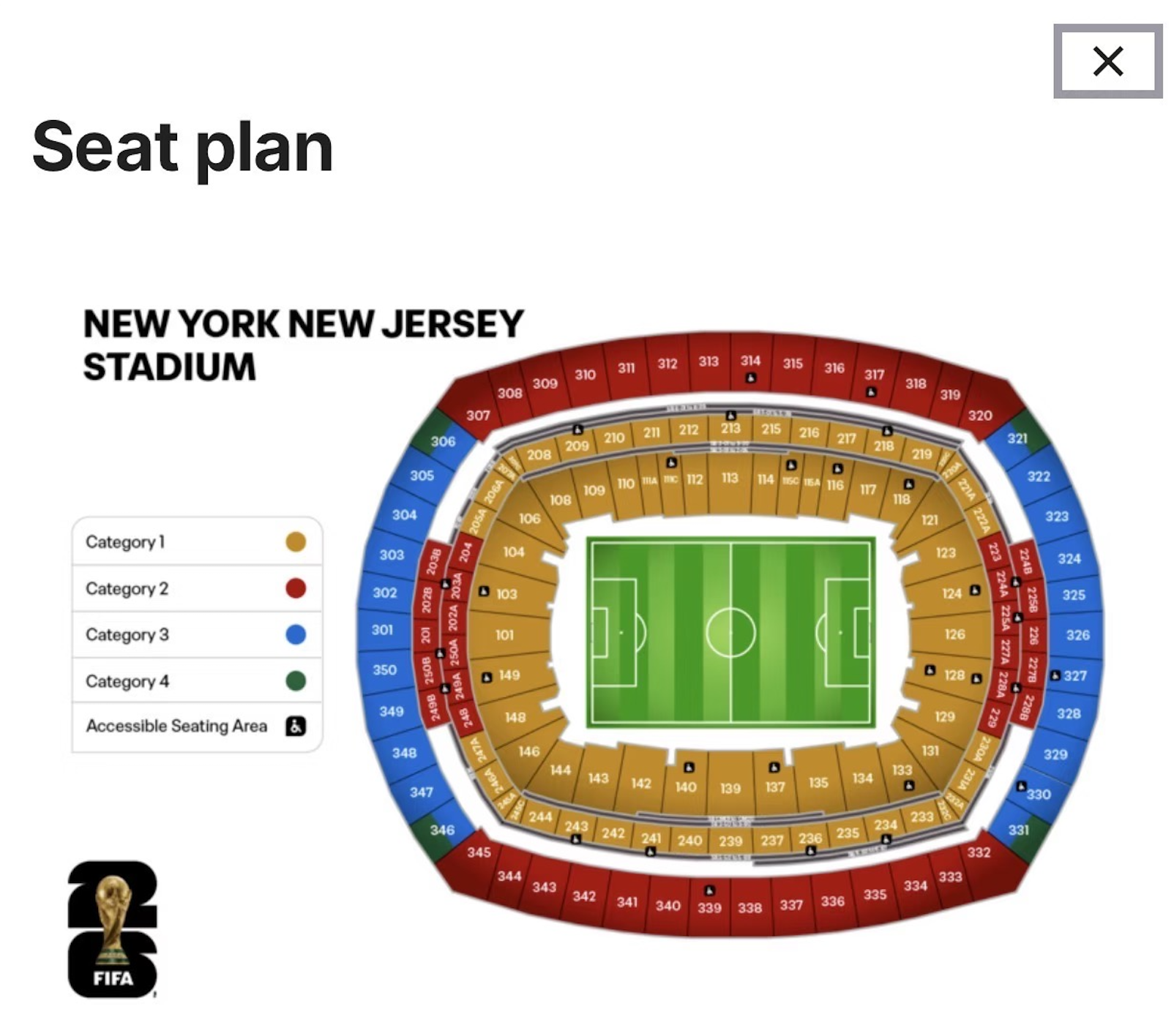 World Cup 2026 seat map for MetLife Stadium in New York/New Jersey, showing ticket categories 1-4.