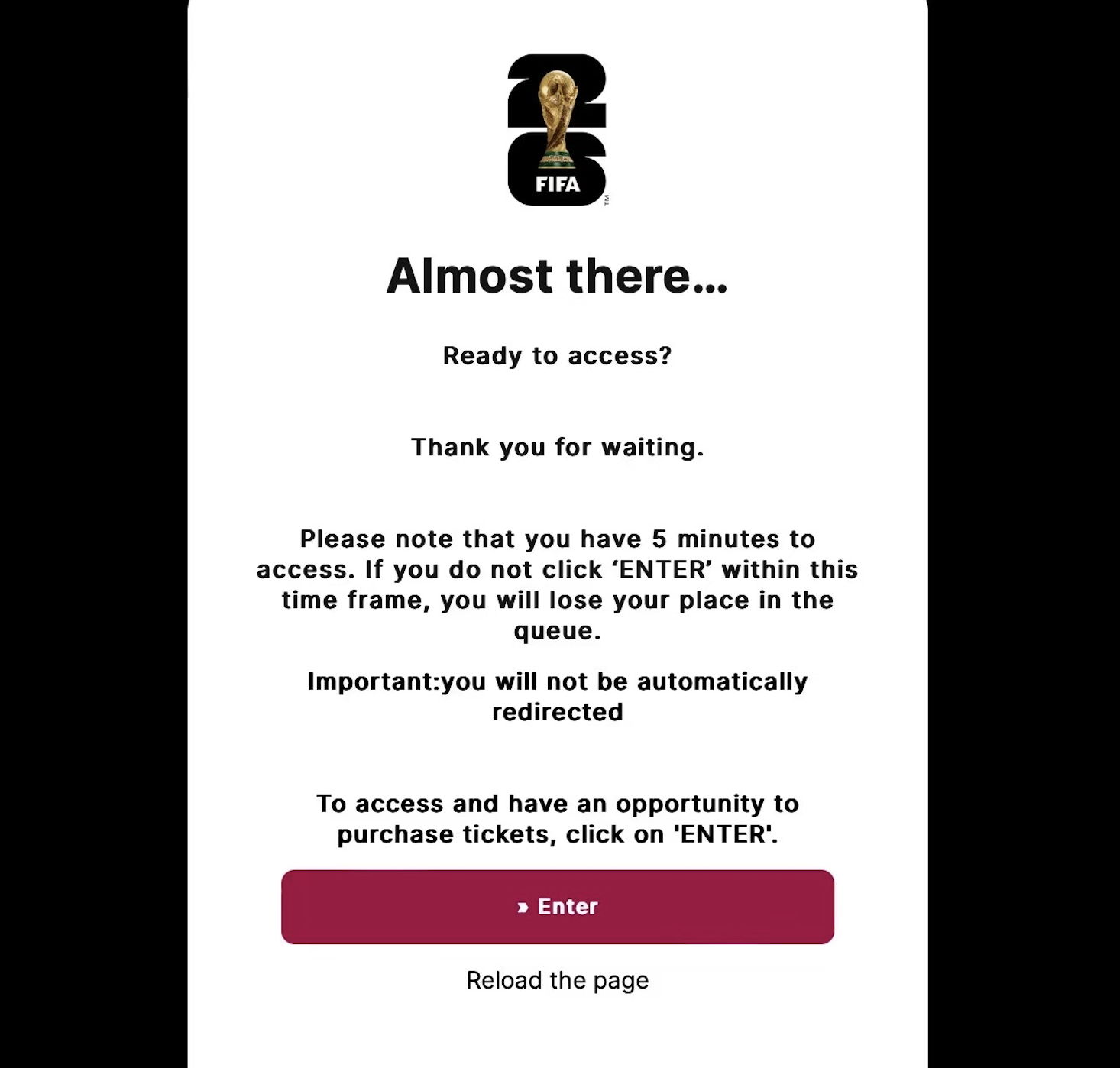 The FIFA World Cup 2026 ticket queue is open. This screen shows the 'Enter' button to join the queue for a chance to buy tickets.