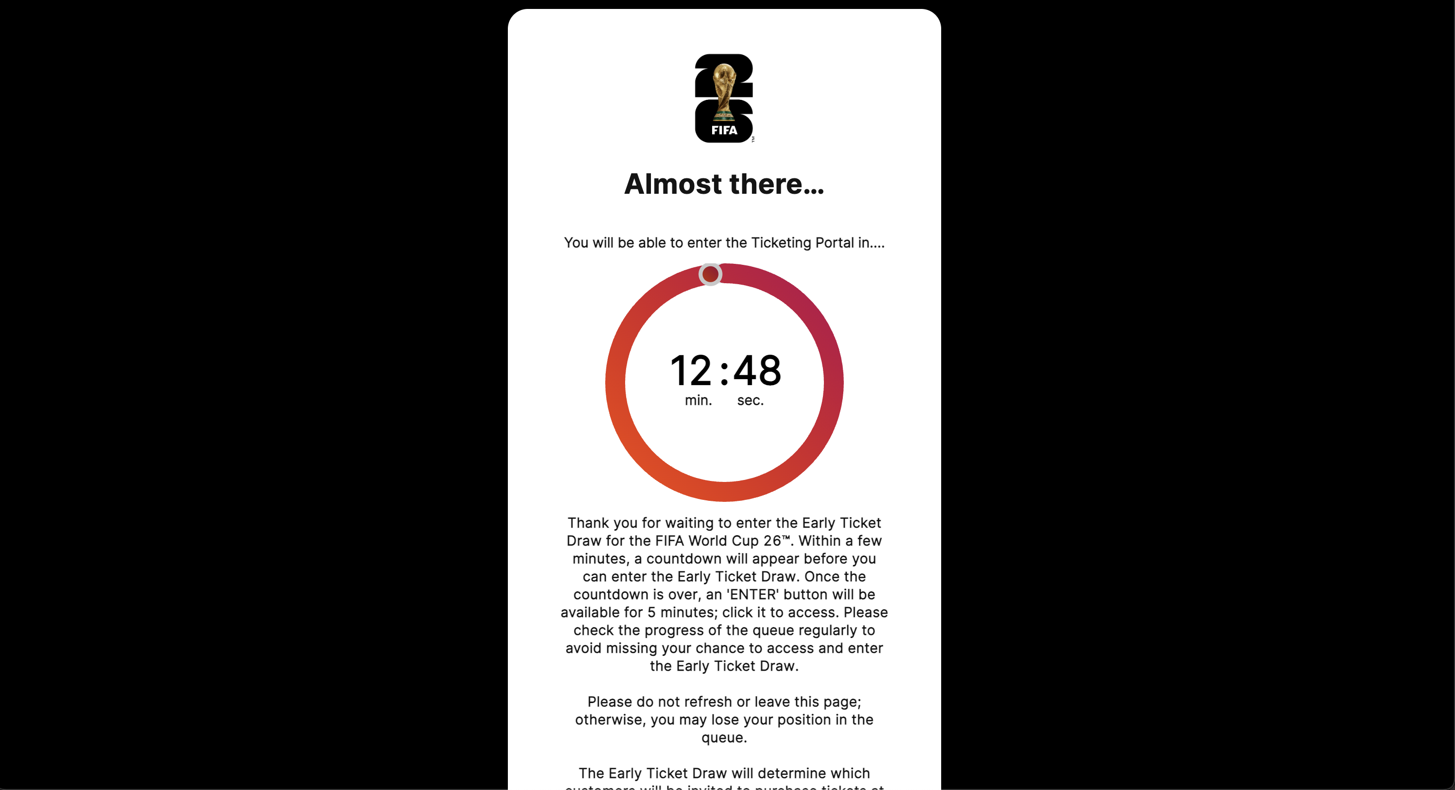 A screenshot of the queue screen for the FIFA ticket portal.