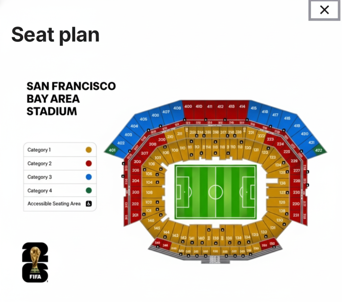 World Cup 2026 seat map for Levi's Stadium in San Francisco, showing ticket categories 1-4.