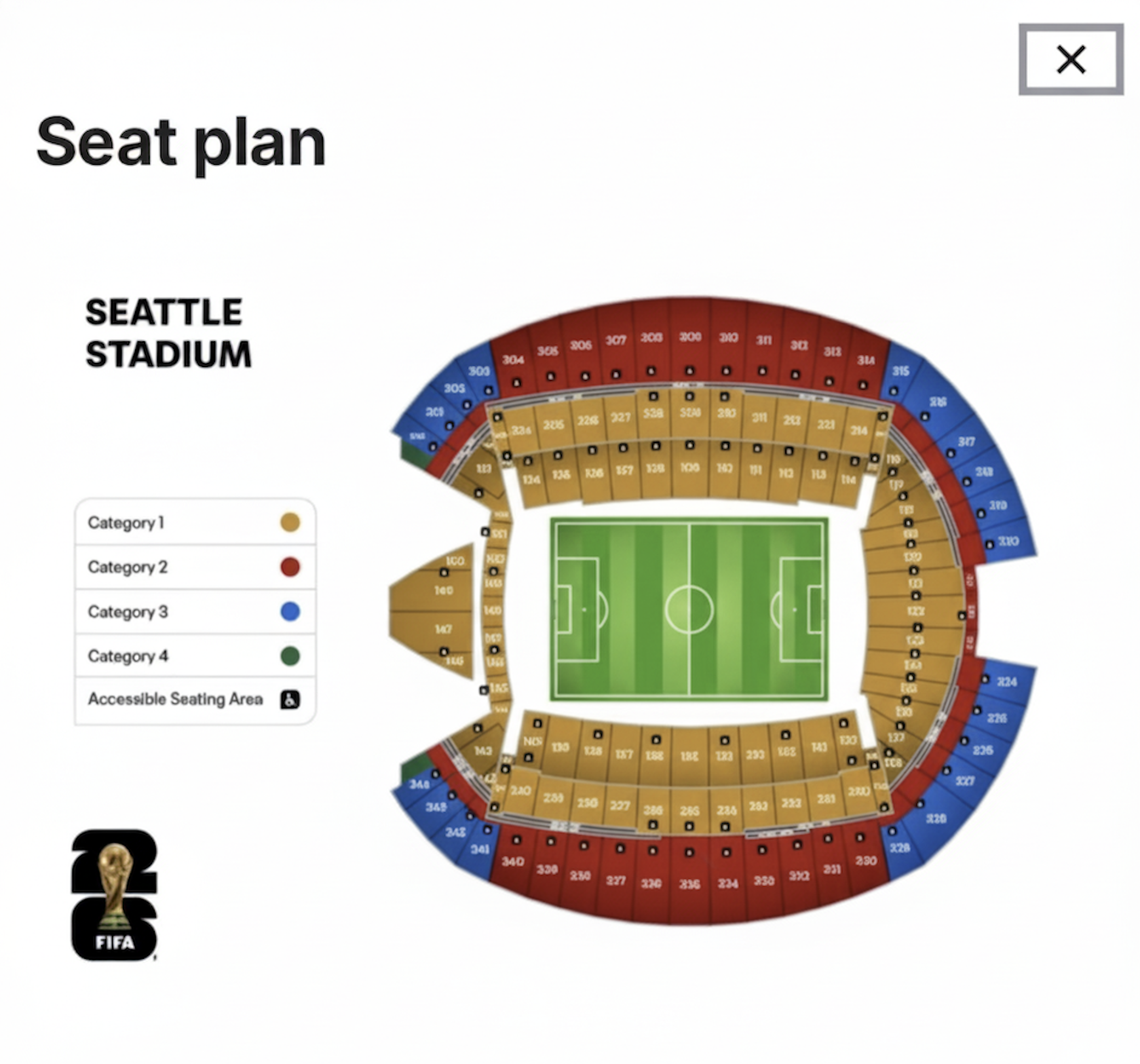World Cup 2026 seat map for Lumen Field in Seattle, showing ticket categories 1-4.