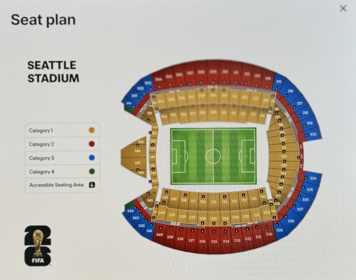 World Cup 2026 seat map for Lumen Field in Seattle, showing ticket categories 1-4.