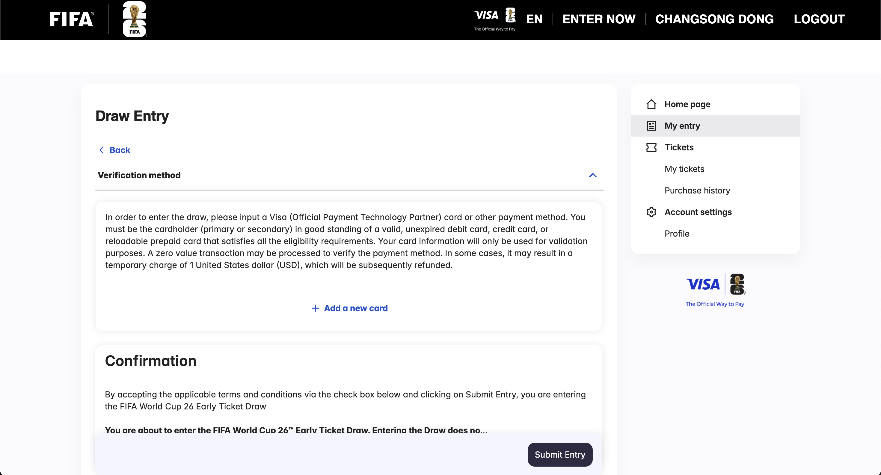 A screenshot of the final submission step for a ticket application.