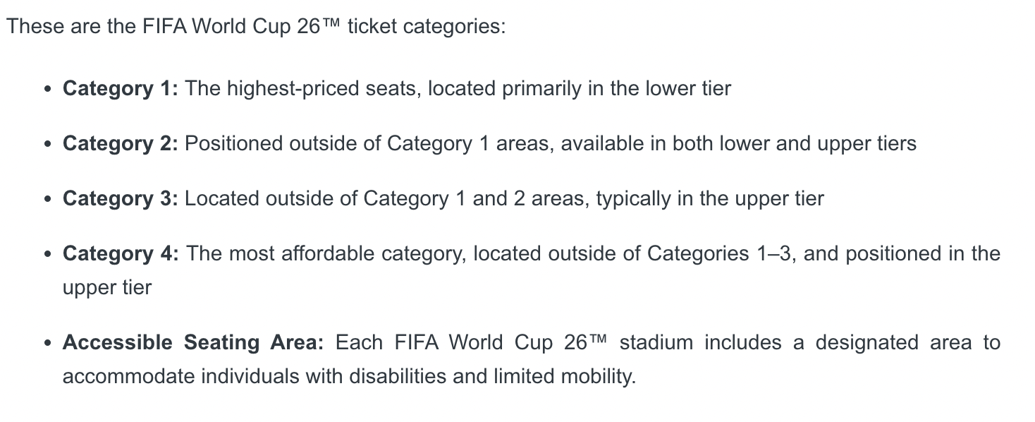 World Cup 2026 ticket category color key, explaining seating locations for Categories 1, 2, 3, and 4.