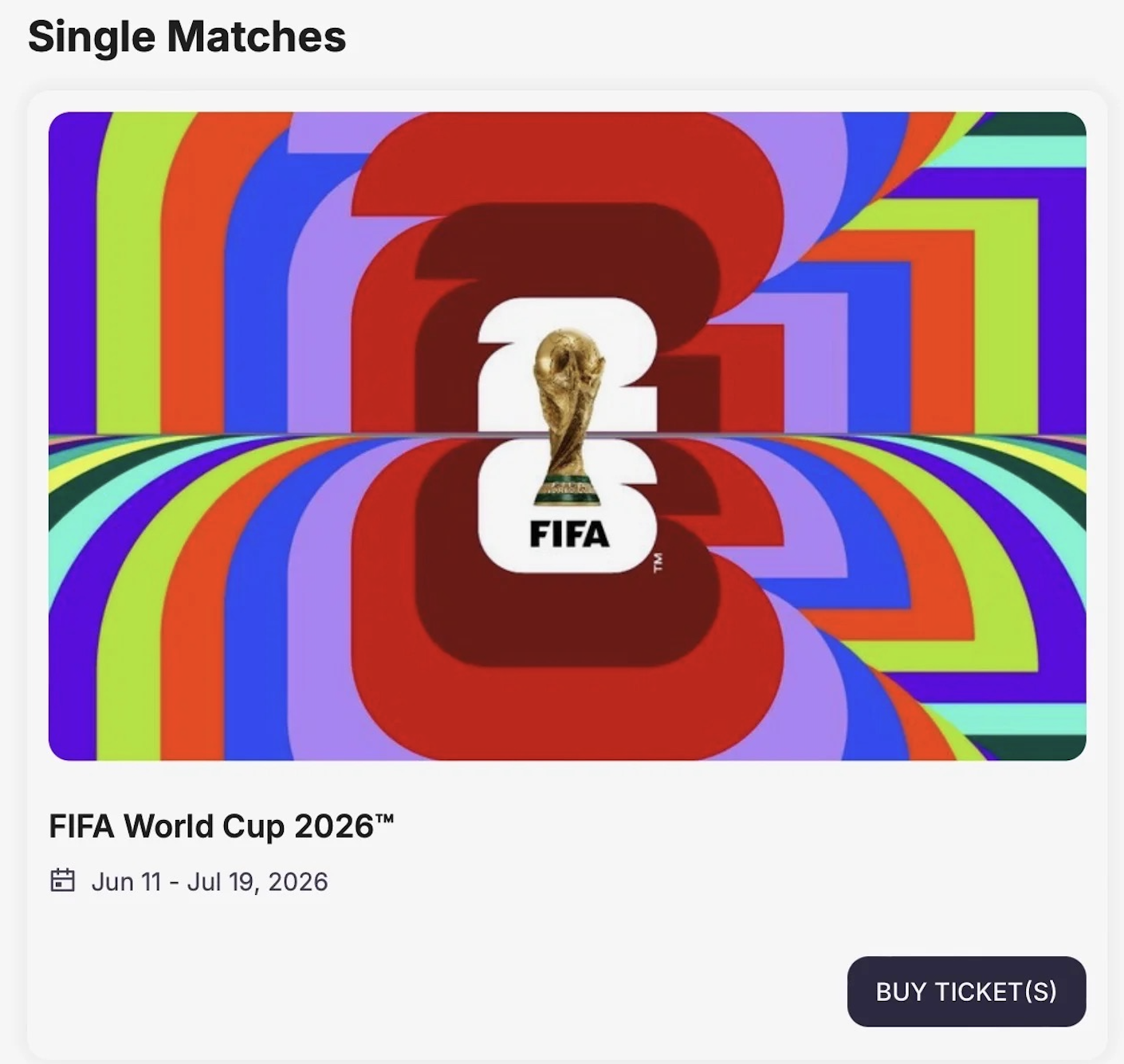 Inside the FIFA World Cup 2026 ticket portal. This is where you can browse and select single matches to purchase.