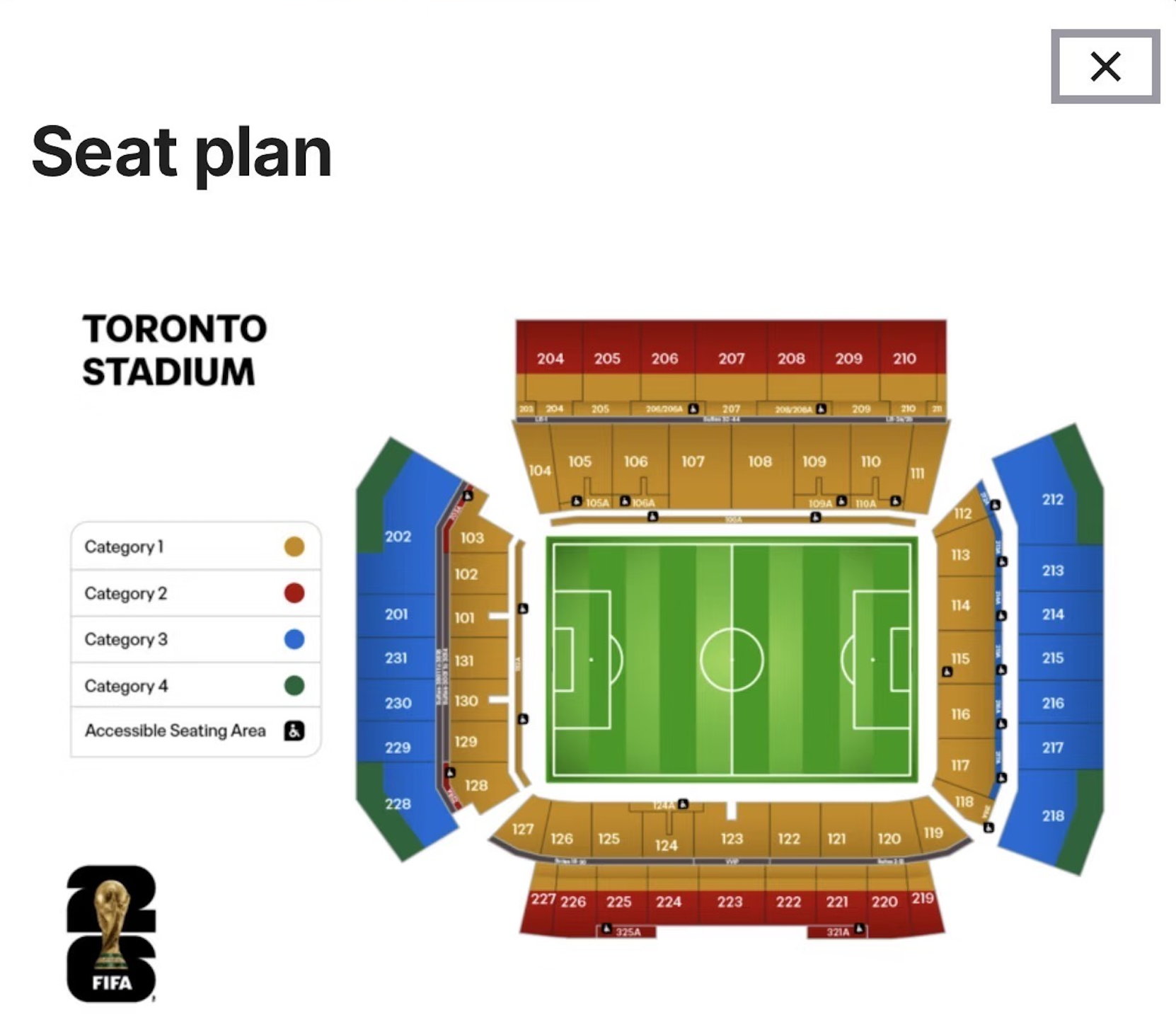 World Cup 2026 seat map for BMO Field in Toronto, showing ticket categories 1-4.
