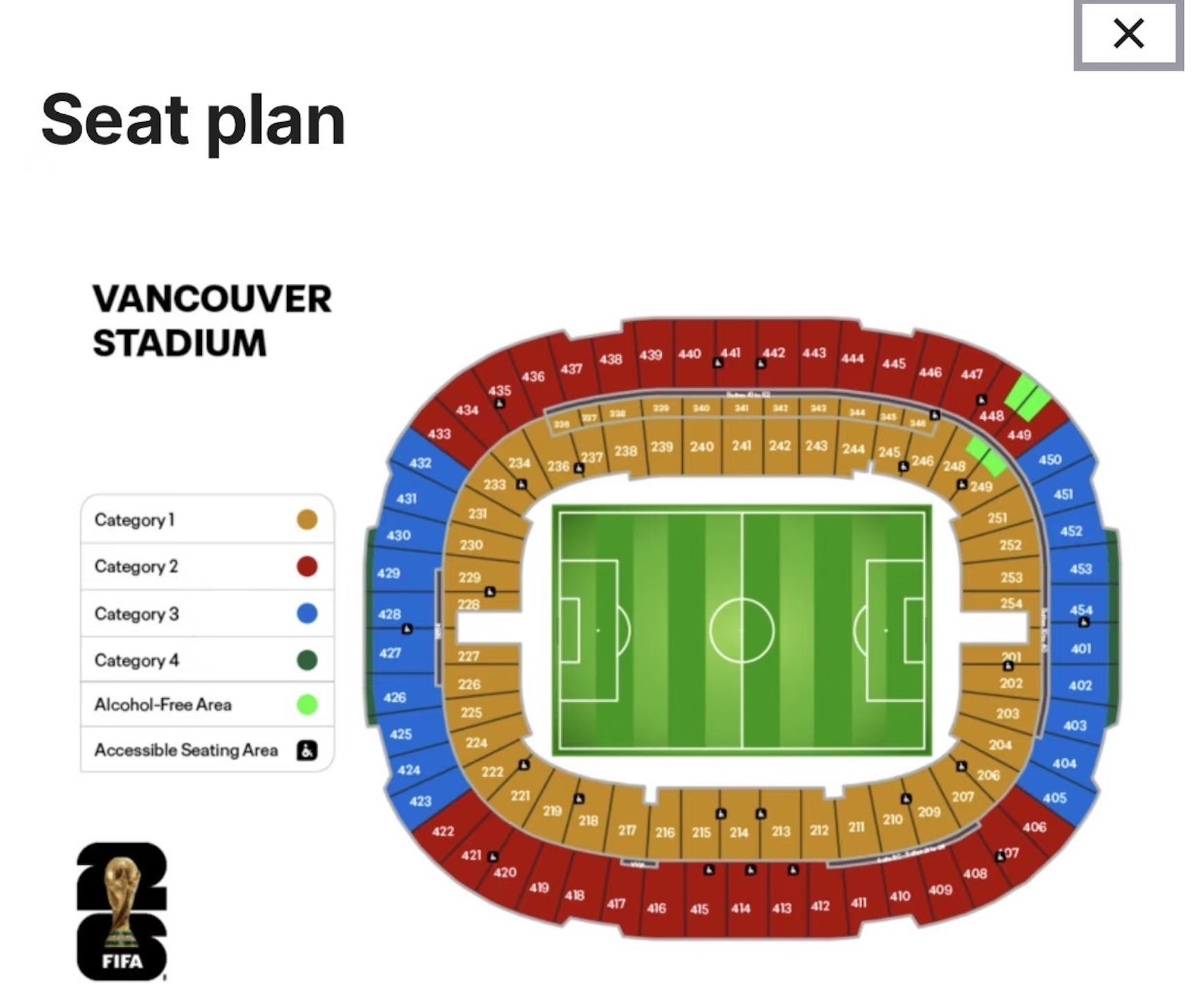 World Cup 2026 seat map for BC Place in Vancouver, showing ticket categories 1-4.