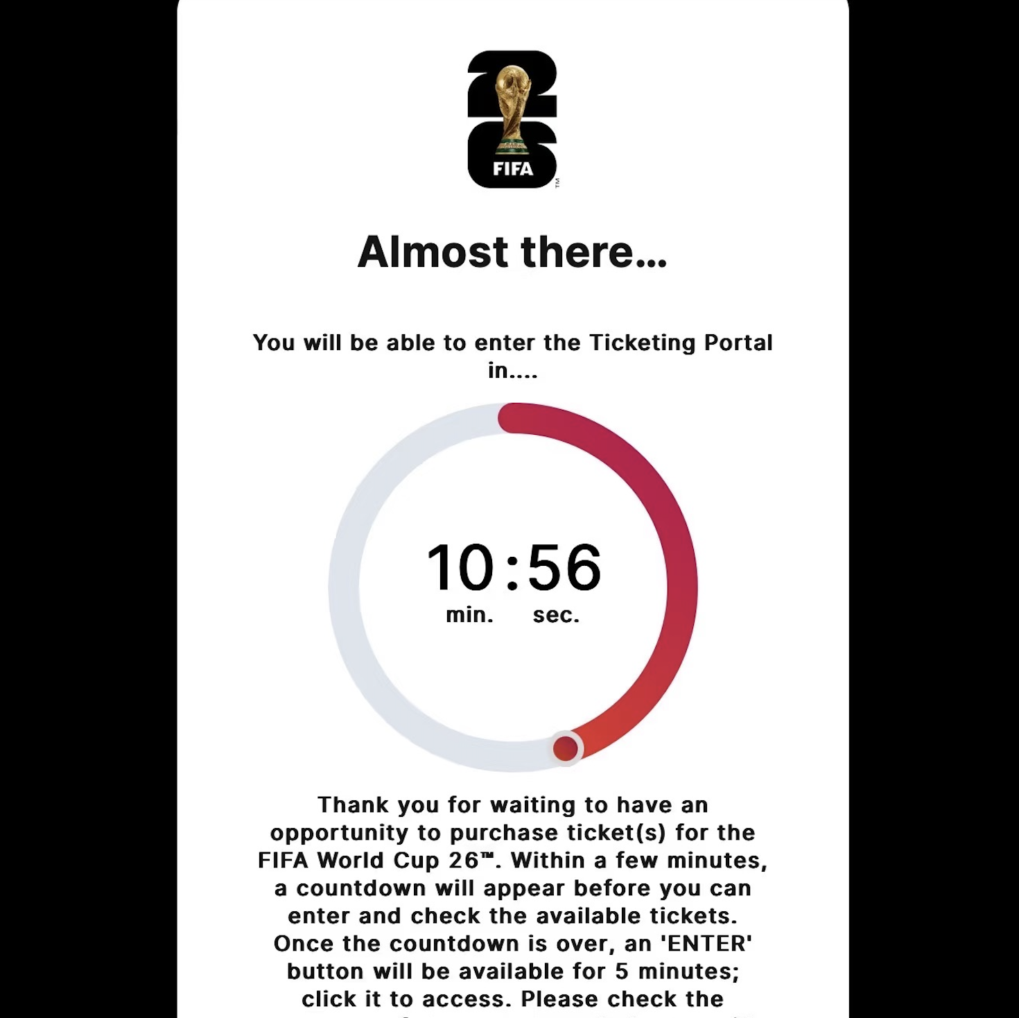 The FIFA World Cup 2026 ticket waiting room screen, showing the countdown timer before entering the queue. This is a crucial step in the ticket buying process.