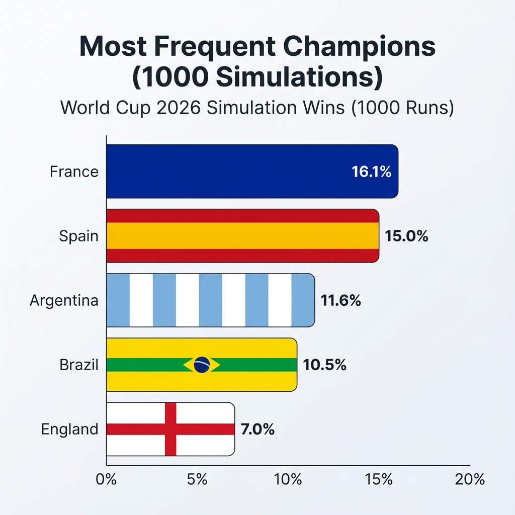 Chart showing the top 5 World Cup 2026 winners from 1000 simulations