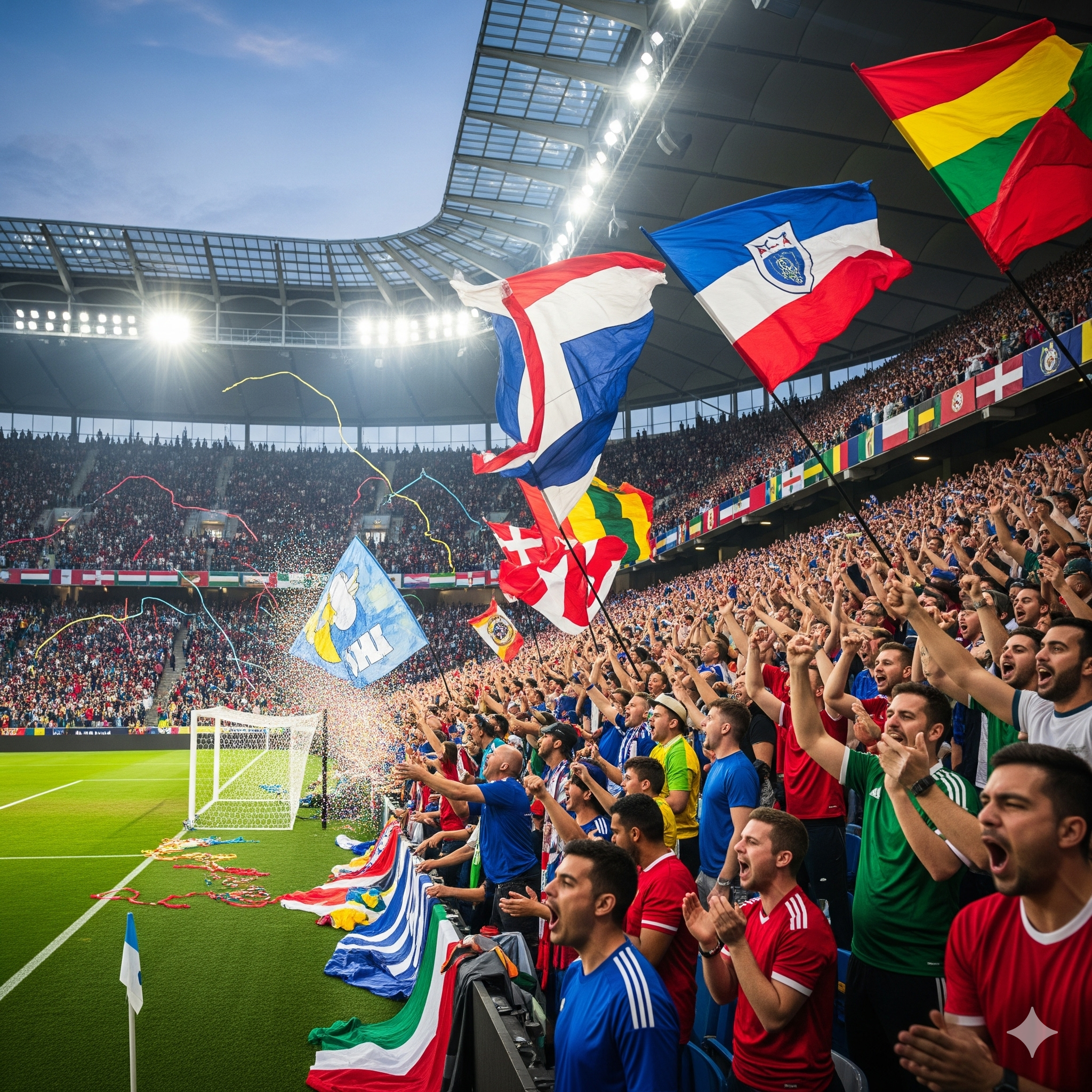 A packed soccer stadium with fans cheering and flags waving